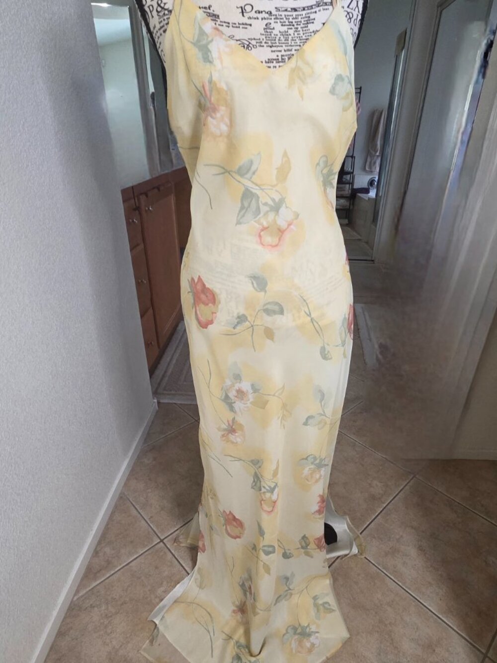 Vintage, Yellow Floral Floor-Length Gown w\Open Criss/Cross Back, Size Med